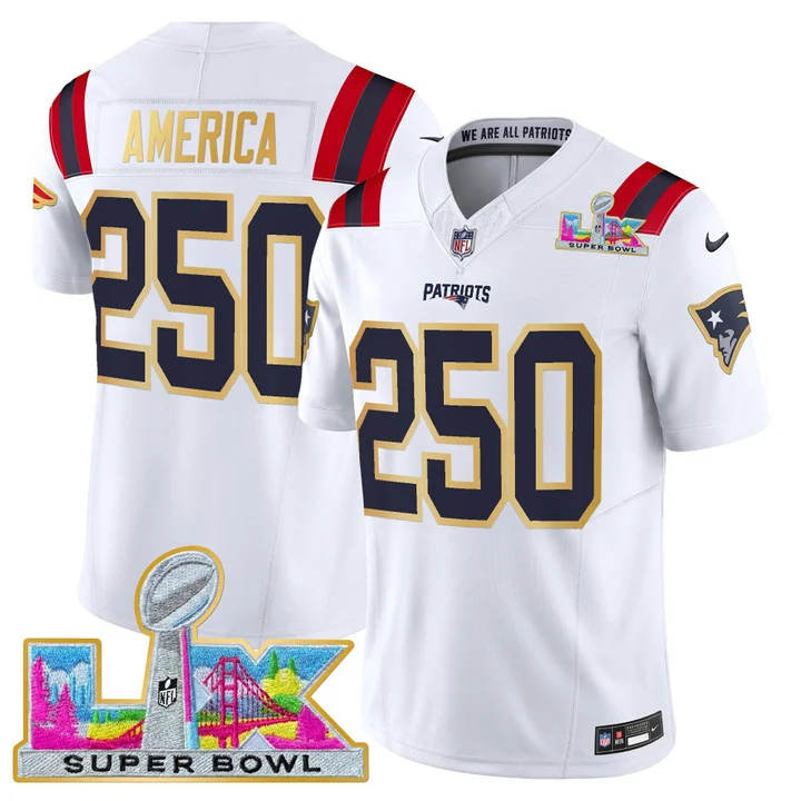 MEN'S NEW ENGLAND PATRIOTS SUPER BOWL LX GOLD TRIM VAPOR LIMITED JERSEY WHITE #250 AMERICA