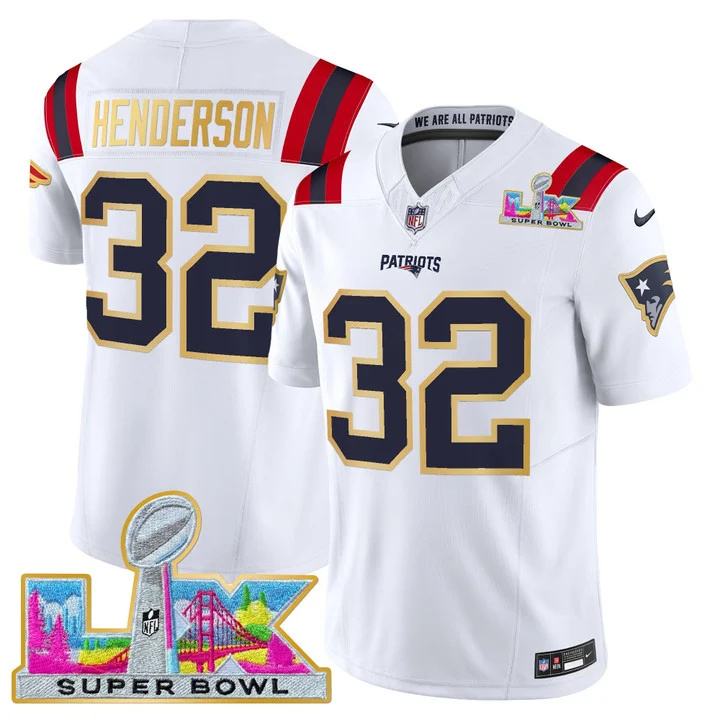 MEN'S NEW ENGLAND PATRIOTS SUPER BOWL LX GOLD TRIM VAPOR LIMITED JERSEY WHITE #32 TREVEYON HENDERSON