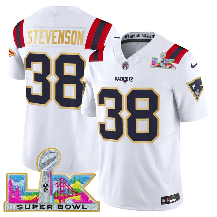 MEN'S NEW ENGLAND PATRIOTS SUPER BOWL LX GOLD TRIM VAPOR LIMITED JERSEY WHITE #38 RHAMONDRE STEVENSON