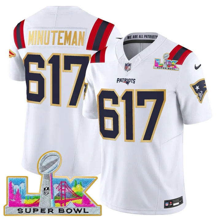 MEN'S NEW ENGLAND PATRIOTS SUPER BOWL LX GOLD TRIM VAPOR LIMITED JERSEY WHITE #617 MINUTEMAN