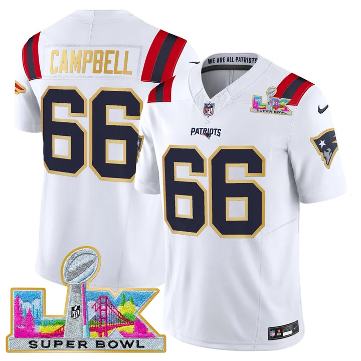MEN'S NEW ENGLAND PATRIOTS SUPER BOWL LX GOLD TRIM VAPOR LIMITED JERSEY WHITE #66 WILL CAMPBELL