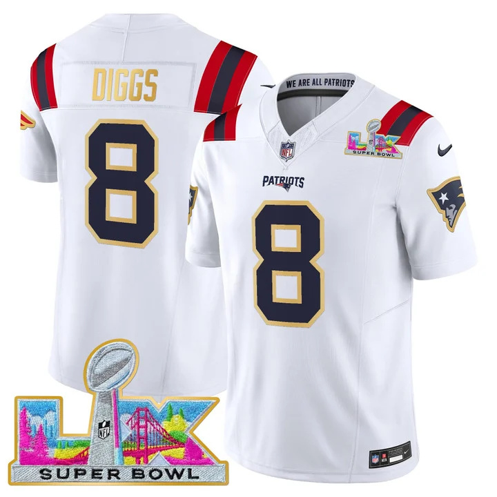 MEN'S NEW ENGLAND PATRIOTS SUPER BOWL LX GOLD TRIM VAPOR LIMITED JERSEY WHITE #8 STEFON DIGGS