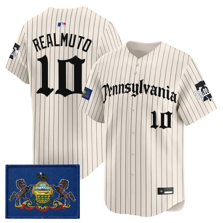 MEN'S PHILLIES 'PENNSYLVANIA GOTHIC EDITION' VAPOR PREMIER LIMITED JERSEY PINSTRIPE#10  J.T.REALMUTO