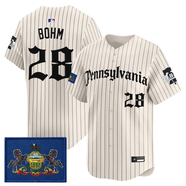MEN'S PHILLIES 'PENNSYLVANIA GOTHIC EDITION' VAPOR PREMIER LIMITED JERSEY PINSTRIPE#28 ALEC BOHM