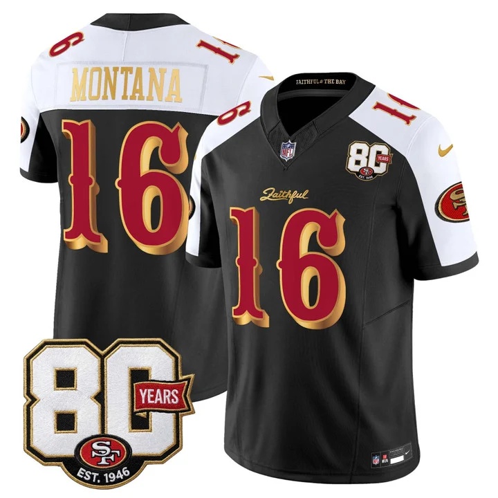 MEN'S SAN FRANCISCO 49ERS 80TH ANNIVERSARY PATCH VAPOR LIMITED JERSEY - RIVALRIES EDITION BLACK ALTERNATE#16 JOE MONTANA