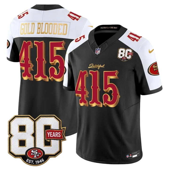 MEN'S SAN FRANCISCO 49ERS 80TH ANNIVERSARY PATCH VAPOR LIMITED JERSEY - RIVALRIES EDITION BLACK ALTERNATE#415 GOLD BLOODED