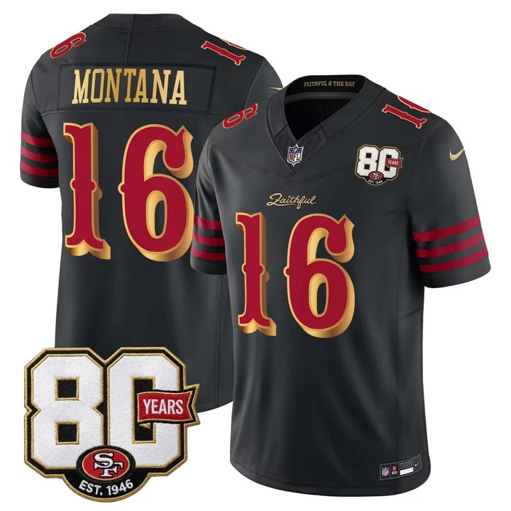 MEN'S SAN FRANCISCO 49ERS 80TH ANNIVERSARY PATCH VAPOR LIMITED JERSEY - RIVALRIES EDITION BLACK RIVALRIES#16 JOE MONTANA