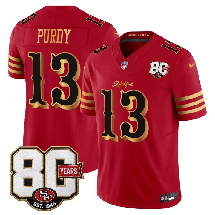 MEN'S SAN FRANCISCO 49ERS 80TH ANNIVERSARY PATCH VAPOR LIMITED JERSEY - RIVALRIES EDITION RED GOLD#13 BROCK PURDY
