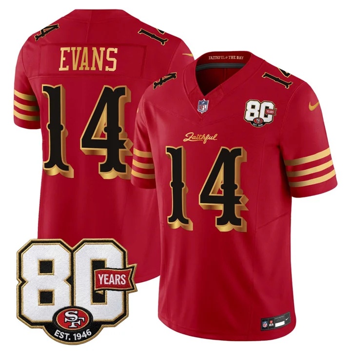 MEN'S SAN FRANCISCO 49ERS 80TH ANNIVERSARY PATCH VAPOR LIMITED JERSEY - RIVALRIES EDITION RED GOLD#14 MIKE EVANS