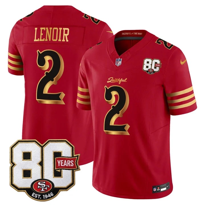 MEN'S SAN FRANCISCO 49ERS 80TH ANNIVERSARY PATCH VAPOR LIMITED JERSEY - RIVALRIES EDITION RED GOLD#2 DEOMMODORE LENOIR