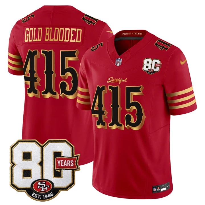 MEN'S SAN FRANCISCO 49ERS 80TH ANNIVERSARY PATCH VAPOR LIMITED JERSEY - RIVALRIES EDITION RED GOLD#415 GOLD BLOODED