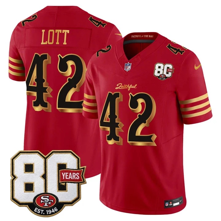 MEN'S SAN FRANCISCO 49ERS 80TH ANNIVERSARY PATCH VAPOR LIMITED JERSEY - RIVALRIES EDITION RED GOLD#42 RONNIE LOTT