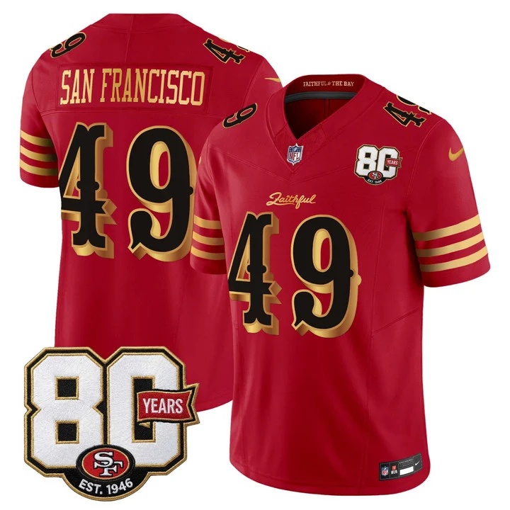 MEN'S SAN FRANCISCO 49ERS 80TH ANNIVERSARY PATCH VAPOR LIMITED JERSEY - RIVALRIES EDITION RED GOLD#49 SAN FRANCISCO