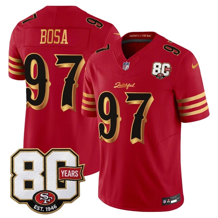 MEN'S SAN FRANCISCO 49ERS 80TH ANNIVERSARY PATCH VAPOR LIMITED JERSEY - RIVALRIES EDITION RED GOLD#97 NICK BOSA