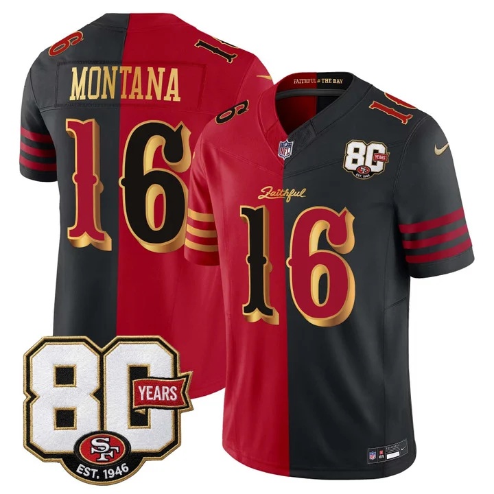 MEN'S SAN FRANCISCO 49ERS 80TH ANNIVERSARY PATCH VAPOR LIMITED JERSEY - RIVALRIES EDITION SPLIT#16 JOE MONTANA