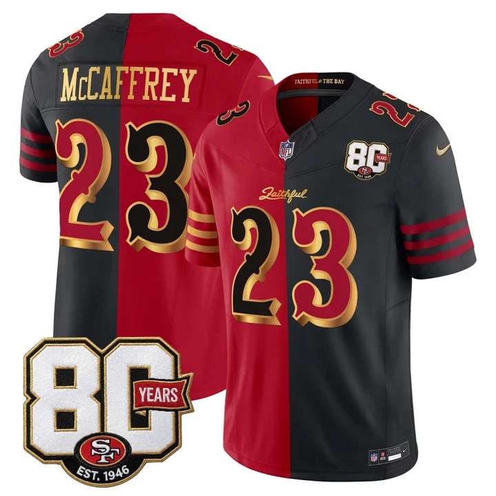MEN'S SAN FRANCISCO 49ERS 80TH ANNIVERSARY PATCH VAPOR LIMITED JERSEY - RIVALRIES EDITION SPLIT#23 CHRISTIAN MCCAFFREY
