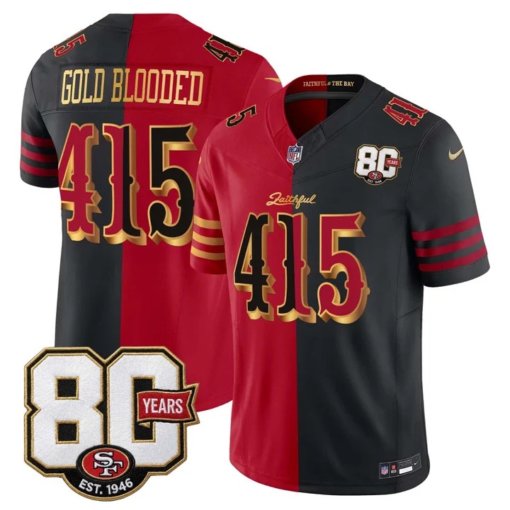 MEN'S SAN FRANCISCO 49ERS 80TH ANNIVERSARY PATCH VAPOR LIMITED JERSEY - RIVALRIES EDITION SPLIT#415 GOLD BLOODED