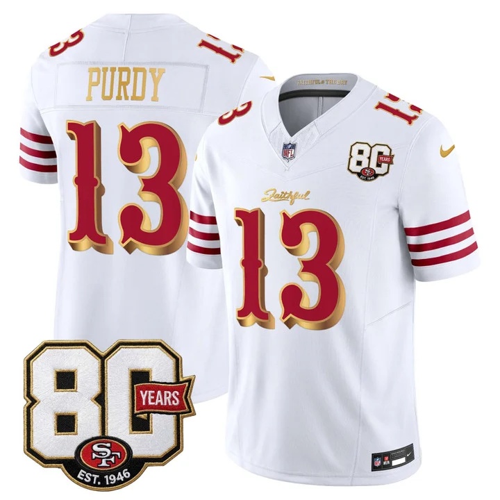 MEN'S SAN FRANCISCO 49ERS 80TH ANNIVERSARY PATCH VAPOR LIMITED JERSEY - RIVALRIES EDITION WHITE GOLD#13 BROCK PURDY