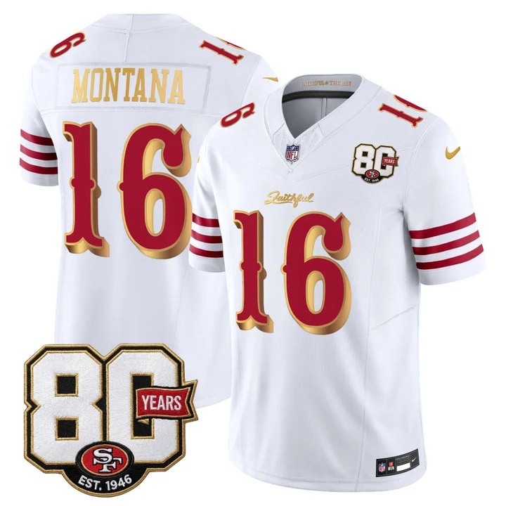 MEN'S SAN FRANCISCO 49ERS 80TH ANNIVERSARY PATCH VAPOR LIMITED JERSEY - RIVALRIES EDITION WHITE GOLD#16 JOE MONTANA