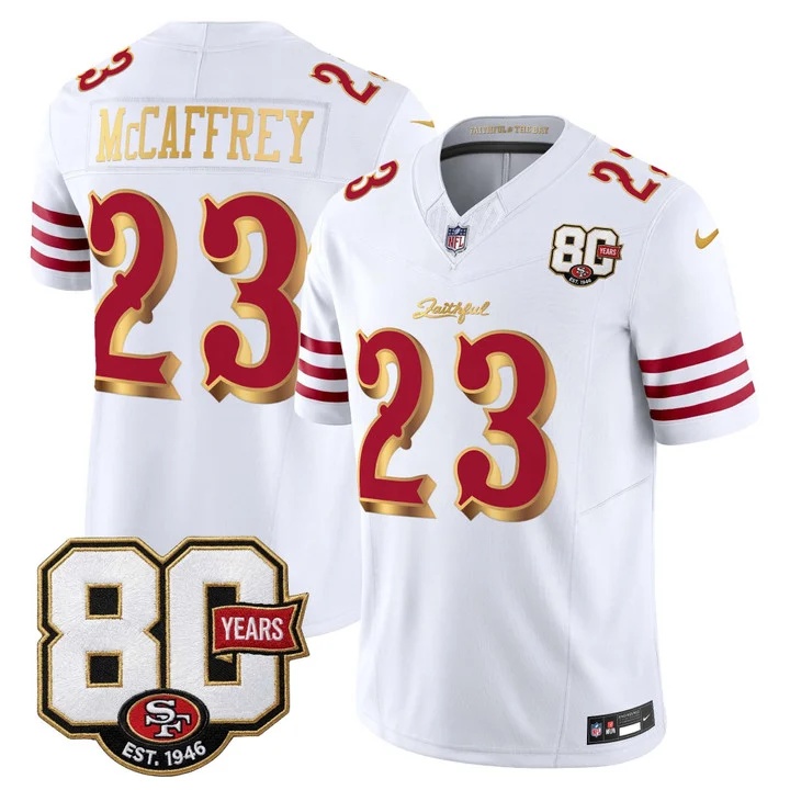 MEN'S SAN FRANCISCO 49ERS 80TH ANNIVERSARY PATCH VAPOR LIMITED JERSEY - RIVALRIES EDITION WHITE GOLD#23 CHRISTIAN MCCAFFREY