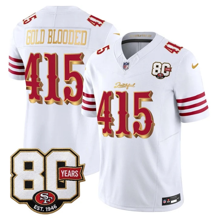 MEN'S SAN FRANCISCO 49ERS 80TH ANNIVERSARY PATCH VAPOR LIMITED JERSEY - RIVALRIES EDITION WHITE GOLD#415 GOLD BLOODED