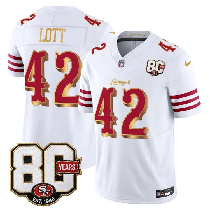 MEN'S SAN FRANCISCO 49ERS 80TH ANNIVERSARY PATCH VAPOR LIMITED JERSEY - RIVALRIES EDITION WHITE GOLD#42 RONNIE LOTT