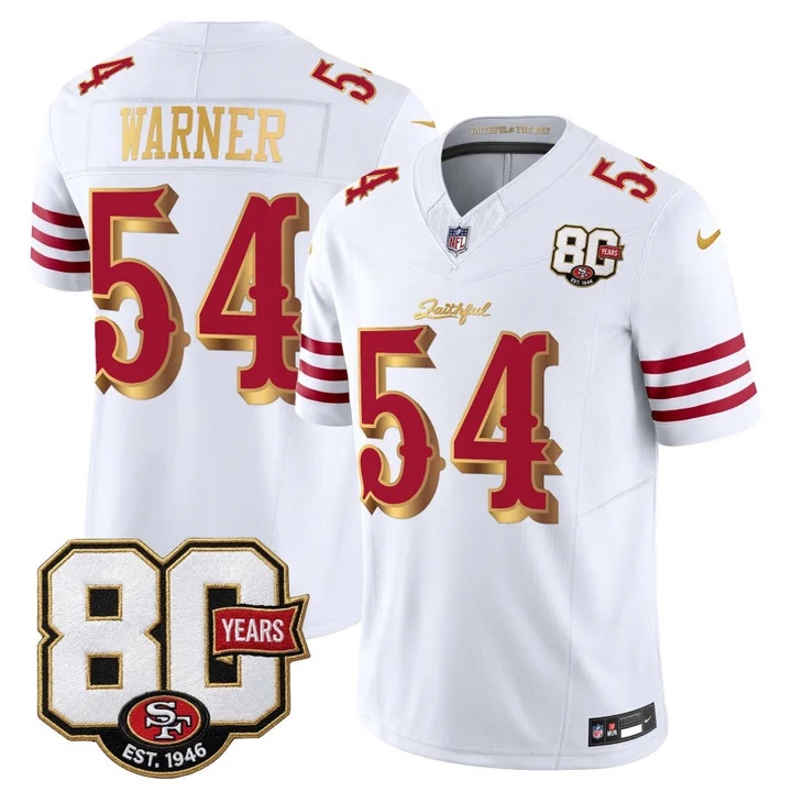 MEN'S SAN FRANCISCO 49ERS 80TH ANNIVERSARY PATCH VAPOR LIMITED JERSEY - RIVALRIES EDITION WHITE GOLD#54 FRED WARNER