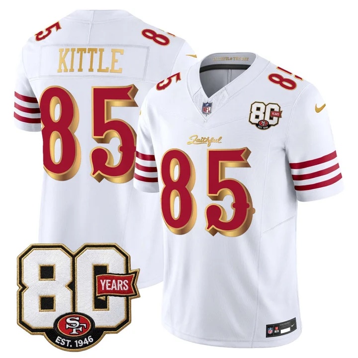 MEN'S SAN FRANCISCO 49ERS 80TH ANNIVERSARY PATCH VAPOR LIMITED JERSEY - RIVALRIES EDITION WHITE GOLD#85 GEORGE KITTLE