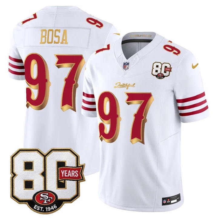 MEN'S SAN FRANCISCO 49ERS 80TH ANNIVERSARY PATCH VAPOR LIMITED JERSEY - RIVALRIES EDITION WHITE GOLD#97 NICK BOSA
