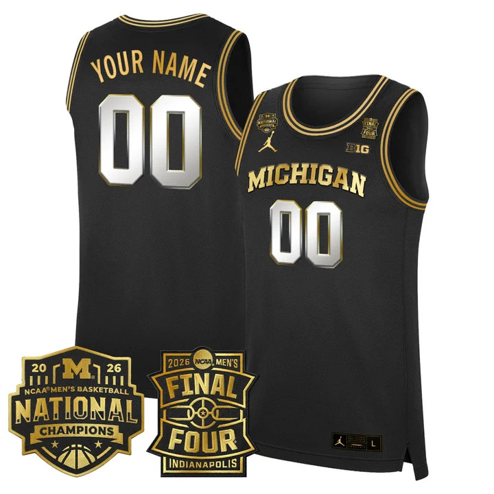 MICHIGAN WOLVERINES 2026 FINAL FOUR & NATIONAL CHAMPIONS PATCH CUSTOM BASKETBALL JERSEY BLACK GOLD