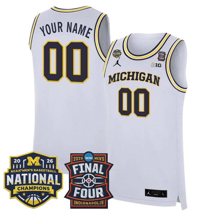 MICHIGAN WOLVERINES 2026 FINAL FOUR & NATIONAL CHAMPIONS PATCH CUSTOM BASKETBALL JERSEY WHITE