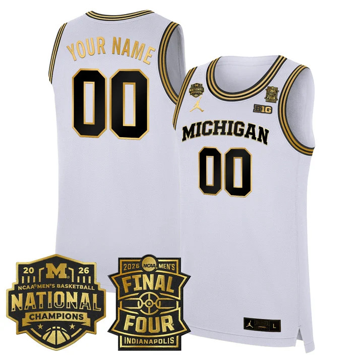 MICHIGAN WOLVERINES 2026 FINAL FOUR & NATIONAL CHAMPIONS PATCH CUSTOM BASKETBALL JERSEY WHITE GOLD