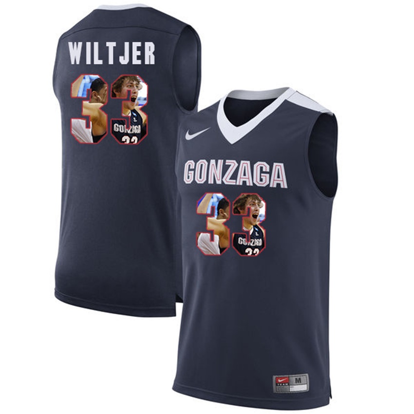 Male Gonzaga Bulldogs Dark Blue Kyle Wiltjer NCAA Basketball Jersey with Player Pictorial