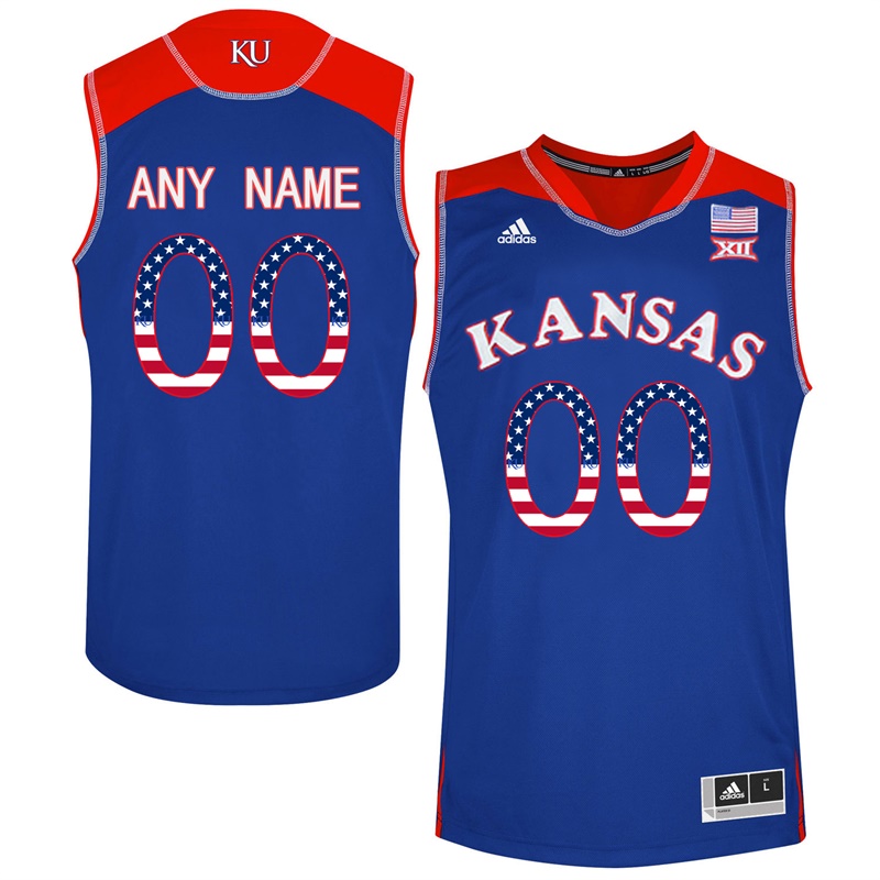 Male Kansas Jayhawks Royal Blue College Basketball US Flag Fashion Custom Jersey