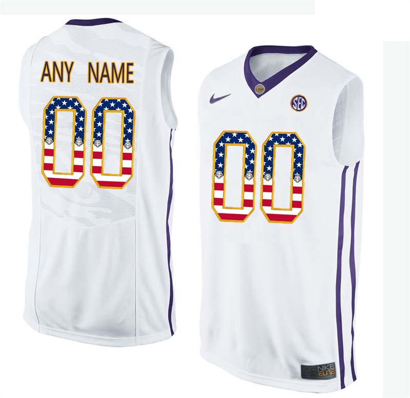 Male LSU Tigers White College Basketball US Flag Fashion Customized Jersey