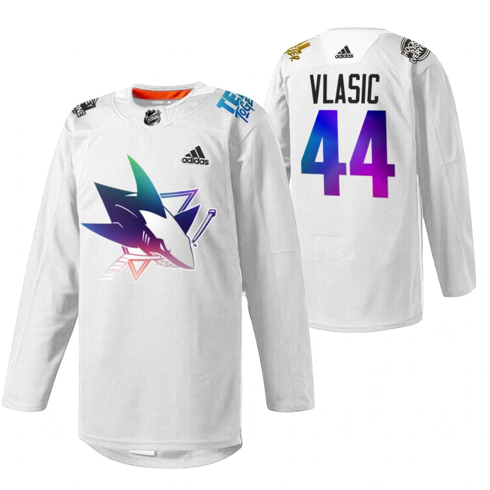Marc-Edouard Vlasic Sharks Pride Night 2022 Jersey White HockeyIsForEveryone