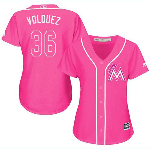 Marlins #36 Edinson Volquez Pink Fashion Women's Stitched MLB Jersey