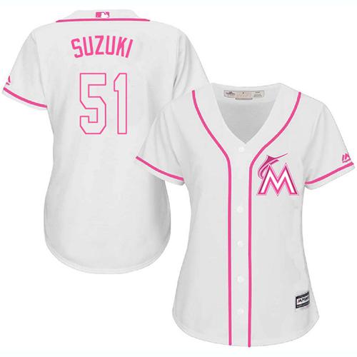 Marlins #51 Ichiro Suzuki White Pink Fashion Women's Stitched MLB Jersey