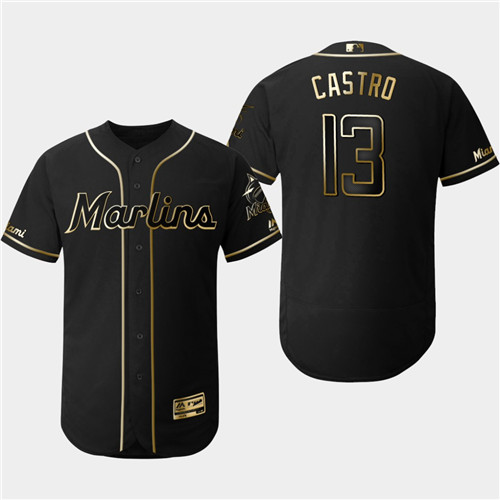 Marlins 13 Starlin Castro Black Gold Flexbase Jersey