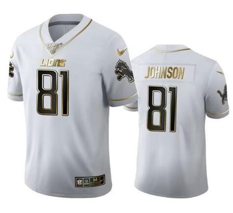 Men'S Detroit Lions #81 Calvin Johnson White 100Th Season Golden Edition Untouchable Limited Football Stitched Jersey