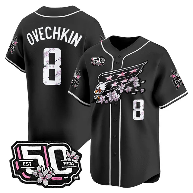 Men's 2025 Washington Capitals 50th Anniversary Cherry Blossom Style Vapor Premier Limited Jersey BLACK #8 ALEX OVECHKIN.webp
