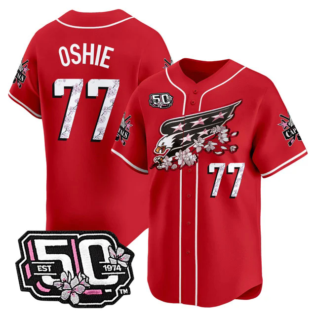 Men's 2025 Washington Capitals 50th Anniversary Cherry Blossom Style Vapor Premier Limited Jersey RED #77 T.J. OSHIE.webp