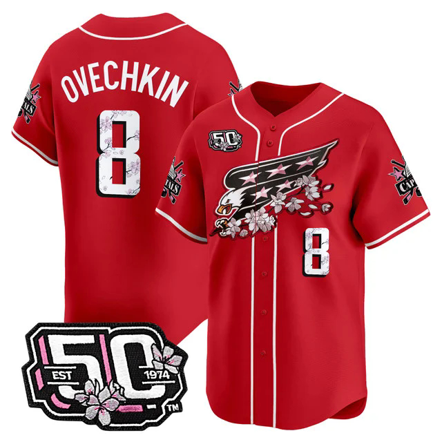 Men's 2025 Washington Capitals 50th Anniversary Cherry Blossom Style Vapor Premier Limited Jersey RED #8 ALEX OVECHKIN.webp