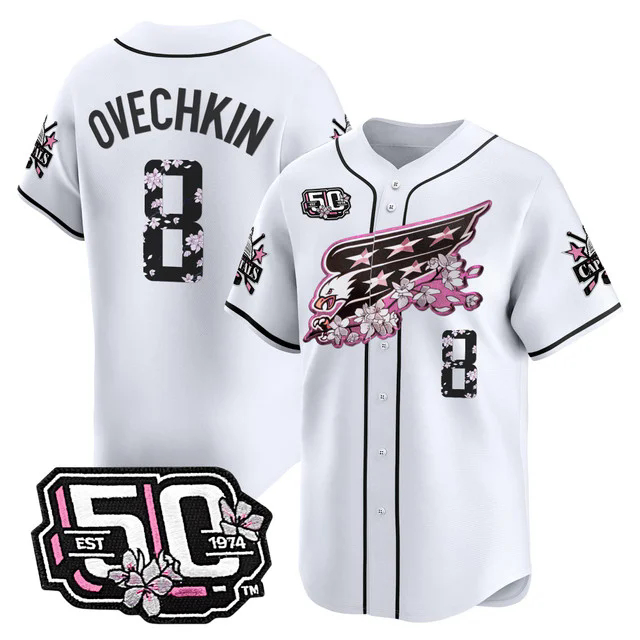 Men's 2025 Washington Capitals 50th Anniversary Cherry Blossom Style Vapor Premier Limited Jersey WHITE #8 ALEX OVECHKIN.webp