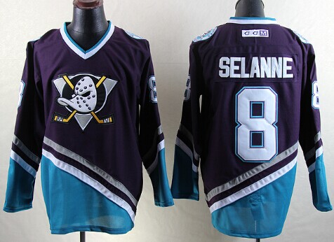 Men's Anaheim Ducks #8 Teemu Selanne Black Throwback CCM Stitched Jersey