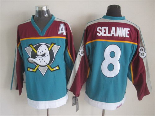 Men's Anaheim Ducks #8 Teemu Selanne Blue Throwback CCM Stitched Jersey