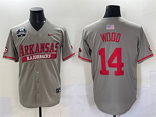 Men's Arkansas Razorbacks #14 Gage Wood Grey 2025 World Series & SEC Patch Stitched Jersey