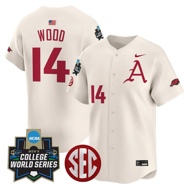 Men's Arkansas Razorbacks 2025 World Series Vapor Premier Limited Jersey - All Stitched Cream gage wood
