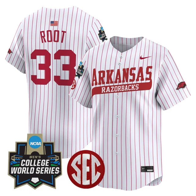 Men's Arkansas Razorbacks 2025 World Series Vapor Premier Limited Jersey - All Stitched Pinstrip zach wood