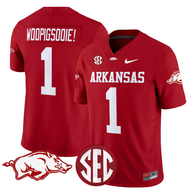 Men's Arkansas Razorbacks Vapor Limited Jersey red #1 Woo Pig Sooie